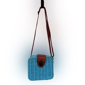 Stylish Blue & Brown Straw Crossbody Bag, with cloth lining, & adjustable strap